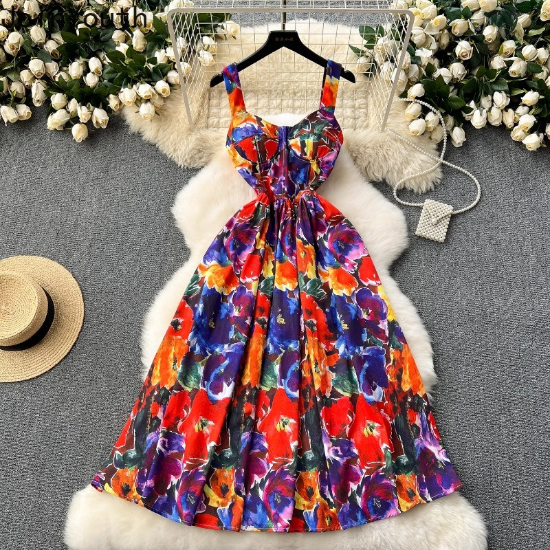 2024 Vestidos De Mujer nyári női ruhák Virágos ujjatlan tunika Sling köntös Femme Vintage Fashion összecsukható nagy lengő ruha