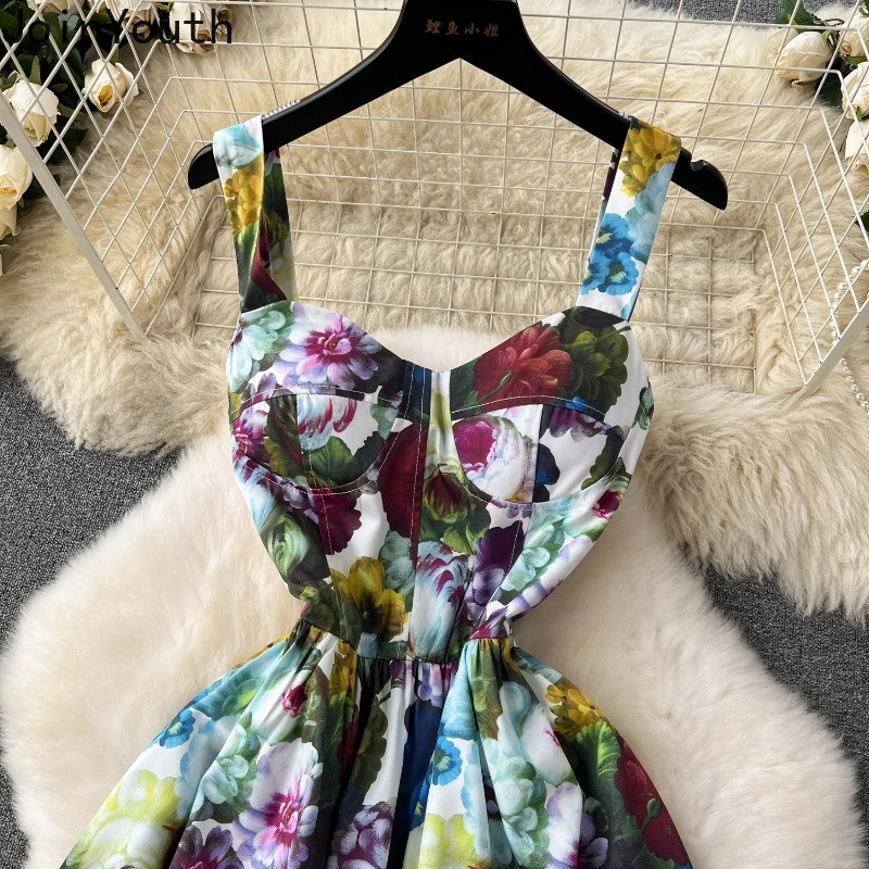 2024 Vestidos De Mujer nyári női ruhák Virágos ujjatlan tunika Sling köntös Femme Vintage Fashion összecsukható nagy lengő ruha