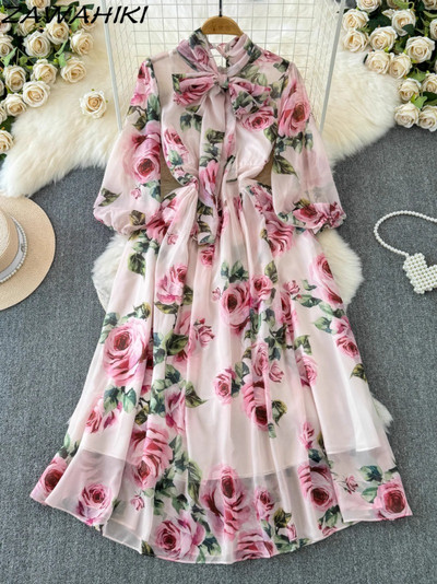 Tavaszi női ruházat édes tengerparti ruha divat koreai magas derekú masni, hosszú ujjú sifon Vestido De Mujer húzózsinór köntös