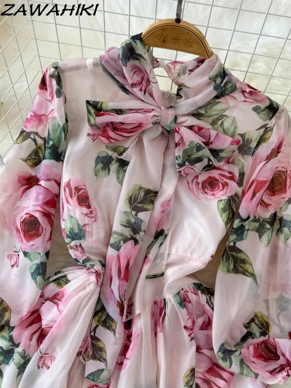 Tavaszi női ruházat édes tengerparti ruha divat koreai magas derekú masni, hosszú ujjú sifon Vestido De Mujer húzózsinór köntös