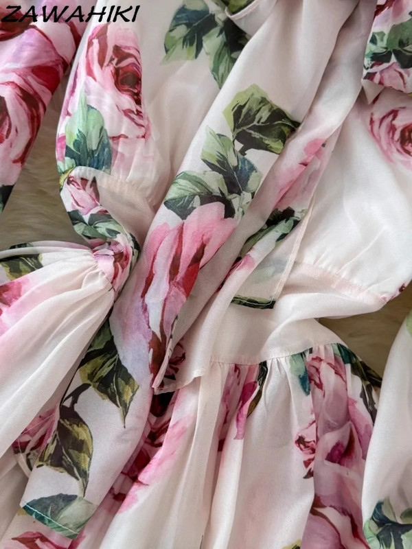 Tavaszi női ruházat édes tengerparti ruha divat koreai magas derekú masni, hosszú ujjú sifon Vestido De Mujer húzózsinór köntös