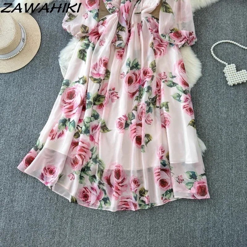 Tavaszi női ruházat édes tengerparti ruha divat koreai magas derekú masni, hosszú ujjú sifon Vestido De Mujer húzózsinór köntös