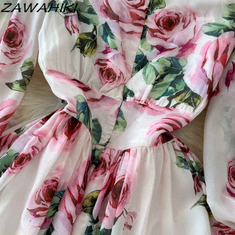 Tavaszi női ruházat édes tengerparti ruha divat koreai magas derekú masni, hosszú ujjú sifon Vestido De Mujer húzózsinór köntös