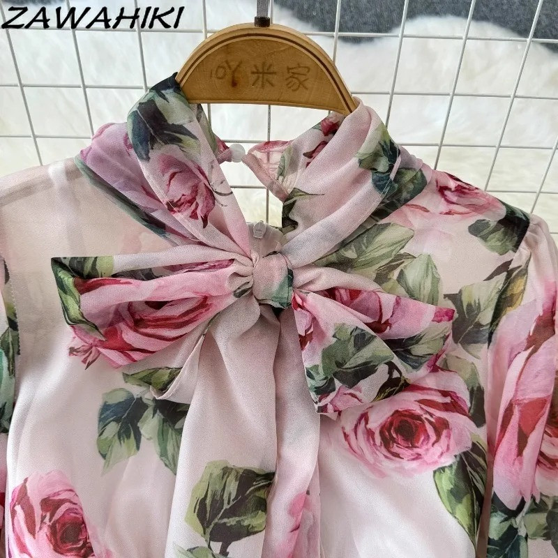 Tavaszi női ruházat édes tengerparti ruha divat koreai magas derekú masni, hosszú ujjú sifon Vestido De Mujer húzózsinór köntös