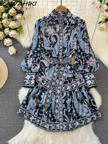 Spring Femme Robe Temperament Vestido Feminino Fashion Sashes Bandage Lantern Sleeve Stand Neck Slim Tail Dress for Women