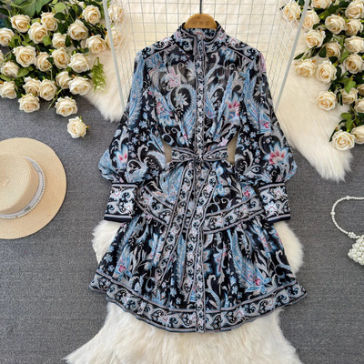 Tavaszi Femme köntös Temperament Vestido Feminino Fashion Sashes Bandage Lantern Sleeve Stand Nyak karcsú derék ruha nőknek