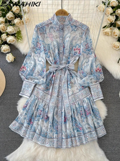 Tavaszi Femme köntös Temperament Vestido Feminino Fashion Sashes Bandage Lantern Sleeve Stand Nyak karcsú derék ruha nőknek