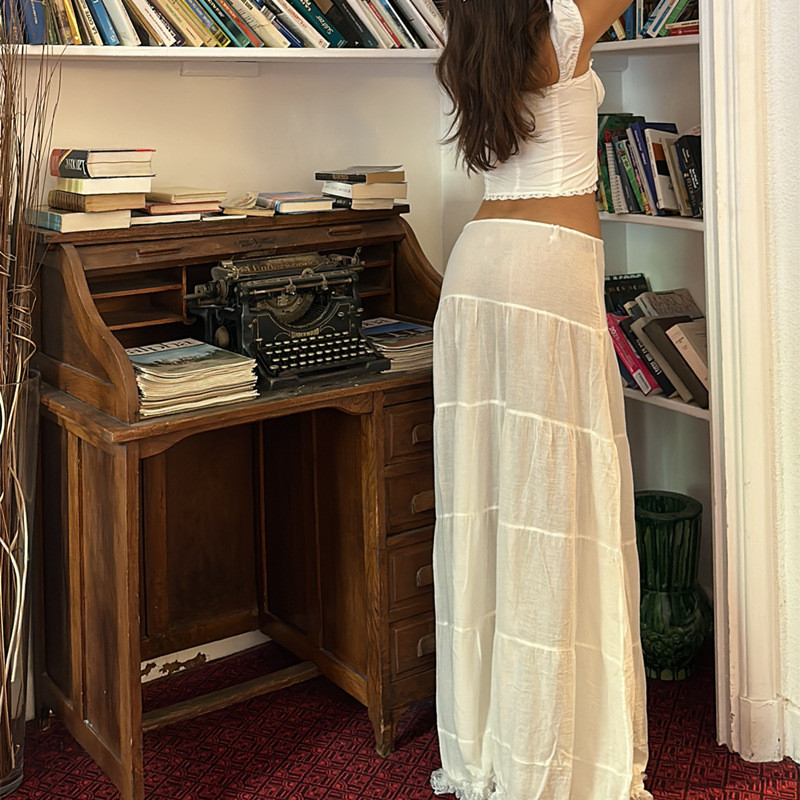 Maemukilabe Y2K Esztétikus tündéri fehér hosszú szoknya női Vintage magas derekú, megkötős csipke szegéllyel Maxi A-vonalú szoknya koreai utcai viselet