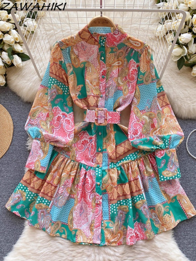 Női ruhák Mujer Faldas Női ruhák Temperamentum Patchwork Kontraszt Szín Lámpás Ujj Vestido Midi Talla Grande