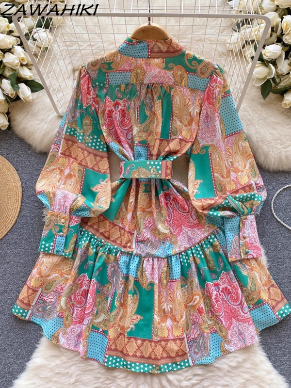 Női ruhák Mujer Faldas Női ruhák Temperamentum Patchwork Kontraszt Szín Lámpás Ujj Vestido Midi Talla Grande