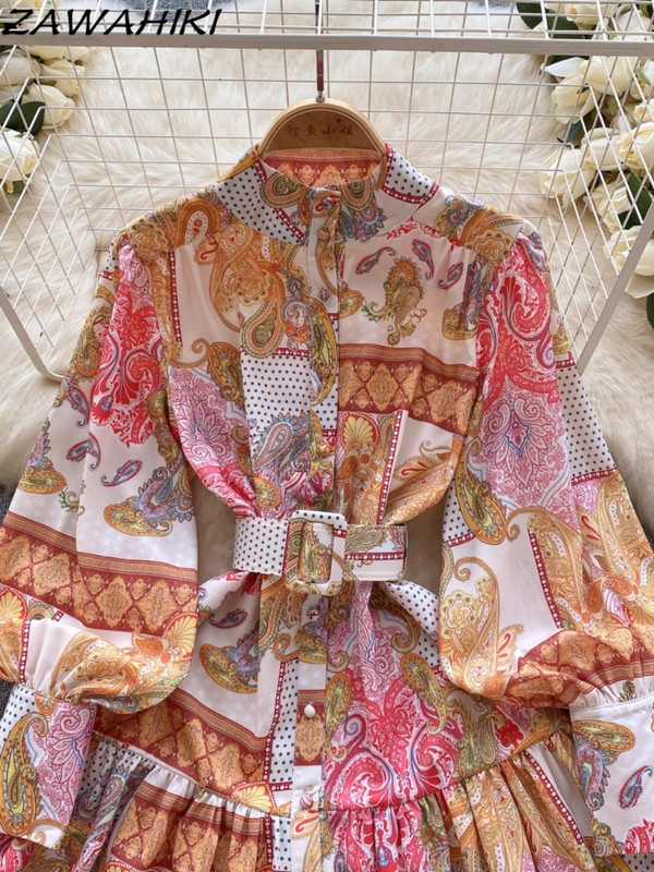 Női ruhák Mujer Faldas Női ruhák Temperamentum Patchwork Kontraszt Szín Lámpás Ujj Vestido Midi Talla Grande