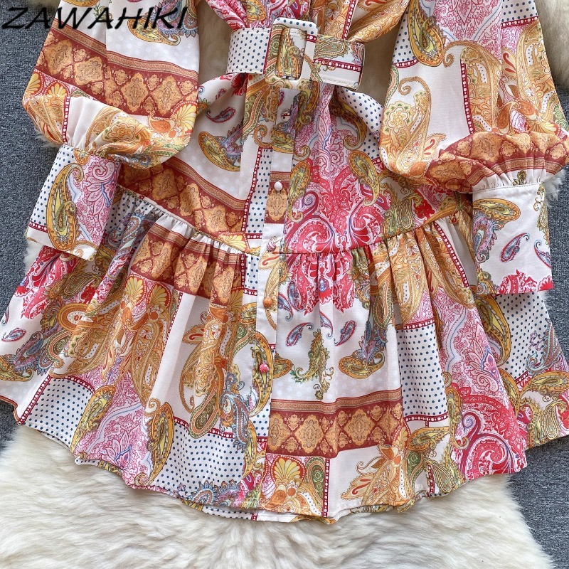 Női ruhák Mujer Faldas Női ruhák Temperamentum Patchwork Kontraszt Szín Lámpás Ujj Vestido Midi Talla Grande
