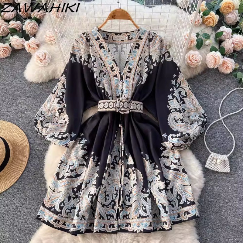 Rövid női ruhák Temperamentum Irodai női női ruházat Vintage print női ruha V nyakú lámpás ujjú Vestidos