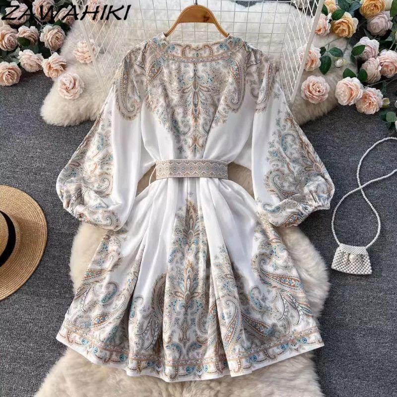 Rövid női ruhák Temperamentum Irodai női női ruházat Vintage print női ruha V nyakú lámpás ujjú Vestidos