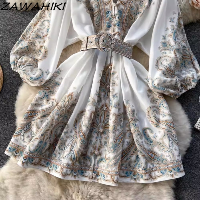 Rövid női ruhák Temperamentum Irodai női női ruházat Vintage print női ruha V nyakú lámpás ujjú Vestidos