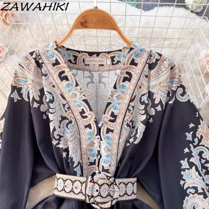 Rövid női ruhák Temperamentum Irodai női női ruházat Vintage print női ruha V nyakú lámpás ujjú Vestidos