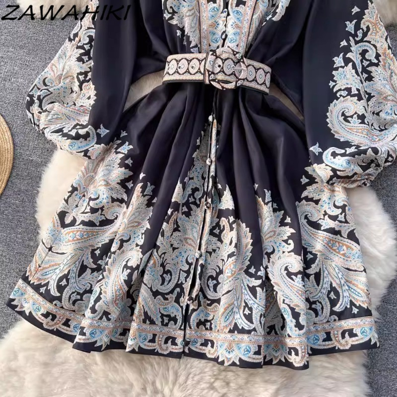 Rövid női ruhák Temperamentum Irodai női női ruházat Vintage print női ruha V nyakú lámpás ujjú Vestidos