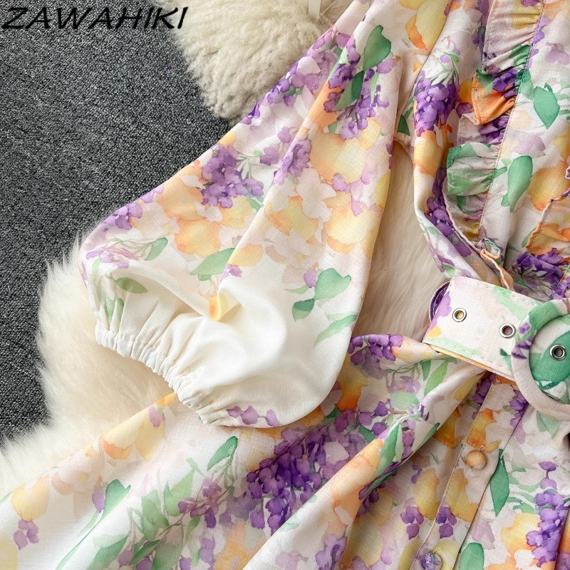 Vestidos De Mujer rövid estélyi ruha, női köntös, fodros, felfújt ujjú, édes elegáns, vékony, redőzött kötés, virágos női ruházat