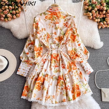 Λεπτή μέση φούντα φόρεμα Boho Επίδεσμος Floral Vestidos Para Grados Κορεάτικα γυναικεία ρούχα Μανίκι φαναριού Γραφείο Lady Ropa Mujer