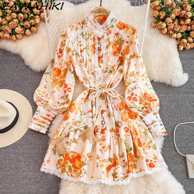 Λεπτή μέση φούντα φόρεμα Boho Επίδεσμος Floral Vestidos Para Grados Κορεάτικα γυναικεία ρούχα Μανίκι φαναριού Γραφείο Lady Ropa Mujer