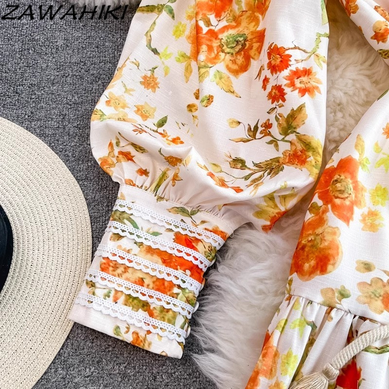 Karcsú derék Boho ruha kötszer Virágos Vestidos Para Grados koreai női ruhák lámpás ujjú irodai hölgy Ropa Mujer