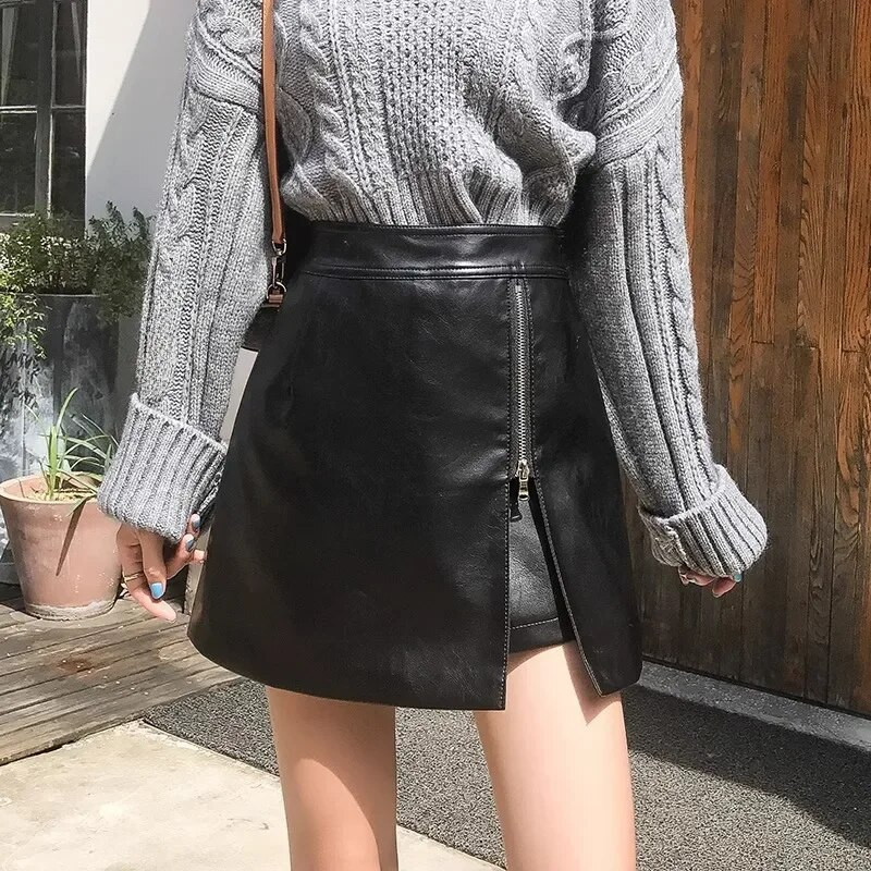 Sügistalvine hooaeg Pu-nahast naiste poolseelik kõrge vöökohaga õhuke mood A- jalgevahe Trendikas lühike seelik vabaaja stiil Korea stiil