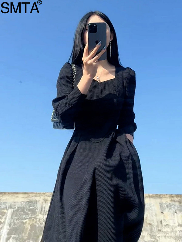 Vintage francia dizájn Maxi Midi ruhák női ruházat buli Elegáns négyzetnyakú fekete hosszú ruha koreai divat 2023. ősz