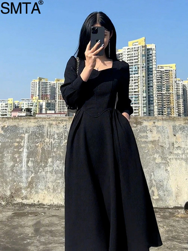 Vintage francia dizájn Maxi Midi ruhák női ruházat buli Elegáns négyzetnyakú fekete hosszú ruha koreai divat 2023. ősz