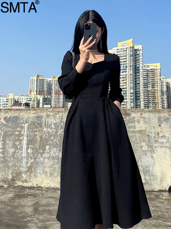 Vintage francia dizájn Maxi Midi ruhák női ruházat buli Elegáns négyzetnyakú fekete hosszú ruha koreai divat 2023. ősz