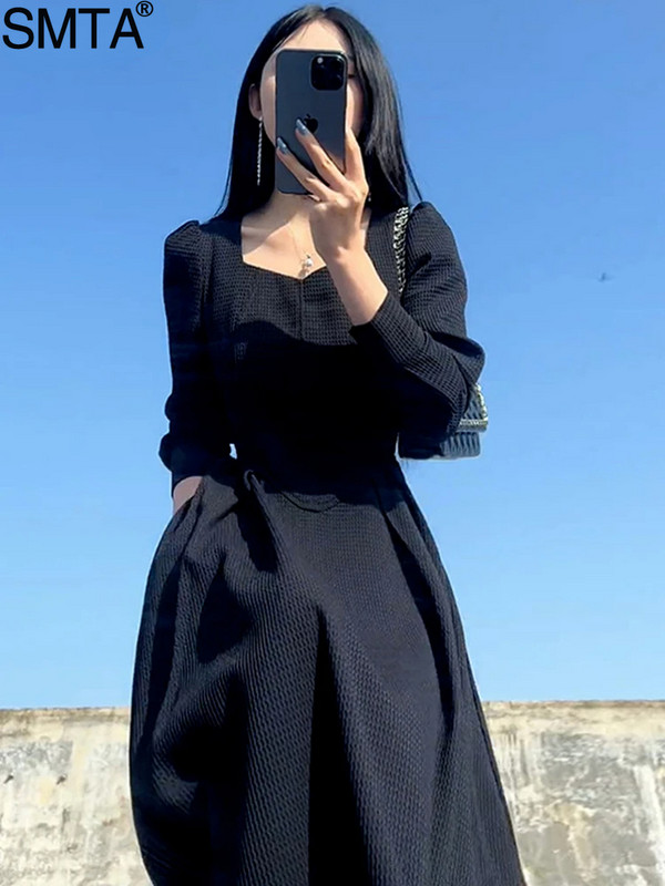 Vintage francia dizájn Maxi Midi ruhák női ruházat buli Elegáns négyzetnyakú fekete hosszú ruha koreai divat 2023. ősz