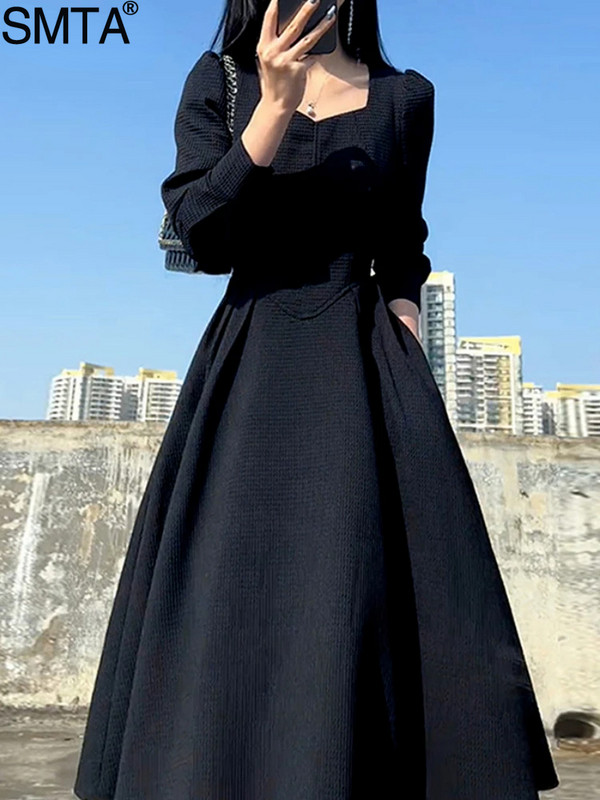 Vintage francia dizájn Maxi Midi ruhák női ruházat buli Elegáns négyzetnyakú fekete hosszú ruha koreai divat 2023. ősz