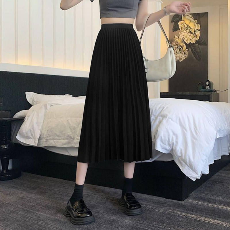 Egyszínű szoknya Elegáns női hajtogatott szoknya magas derékú, rugalmas szalaggal vádliig érő, hétköznapi hosszú szoknya egyszínű őszi színben