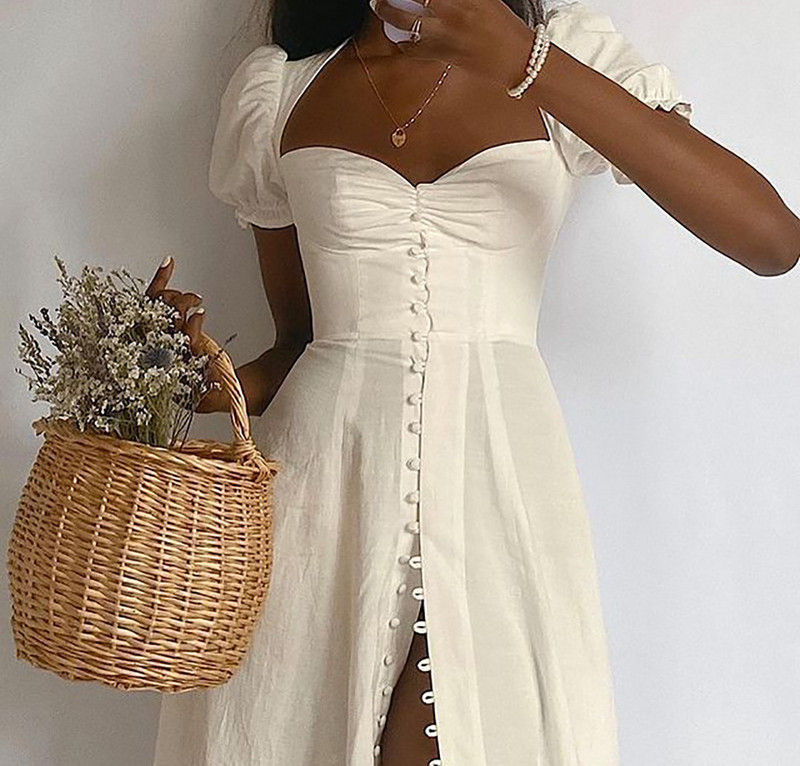 Női ruhák 2024 nyár új egyszínű elegáns temperamentum rövid ujjú buborékos ujjú divatos édes, magas hasítású hosszú ruha