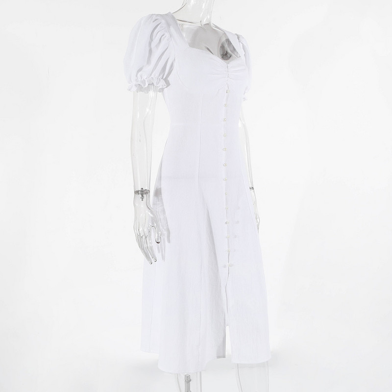 Női ruhák 2024 nyár új egyszínű elegáns temperamentum rövid ujjú buborékos ujjú divatos édes, magas hasítású hosszú ruha