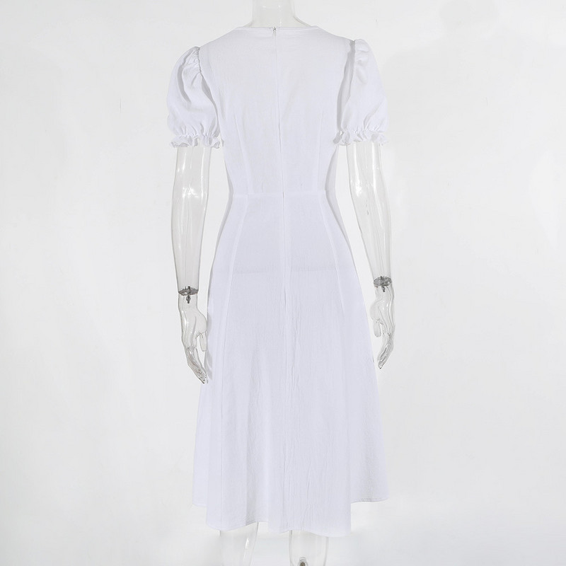 Női ruhák 2024 nyár új egyszínű elegáns temperamentum rövid ujjú buborékos ujjú divatos édes, magas hasítású hosszú ruha