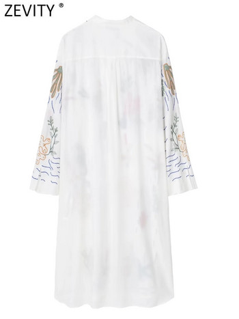 Zevity New Women Vintage Stand Collar Floral Embroidery Side Split Midi Shirt Dress Female Chic Едноредни Vestidos DS4090