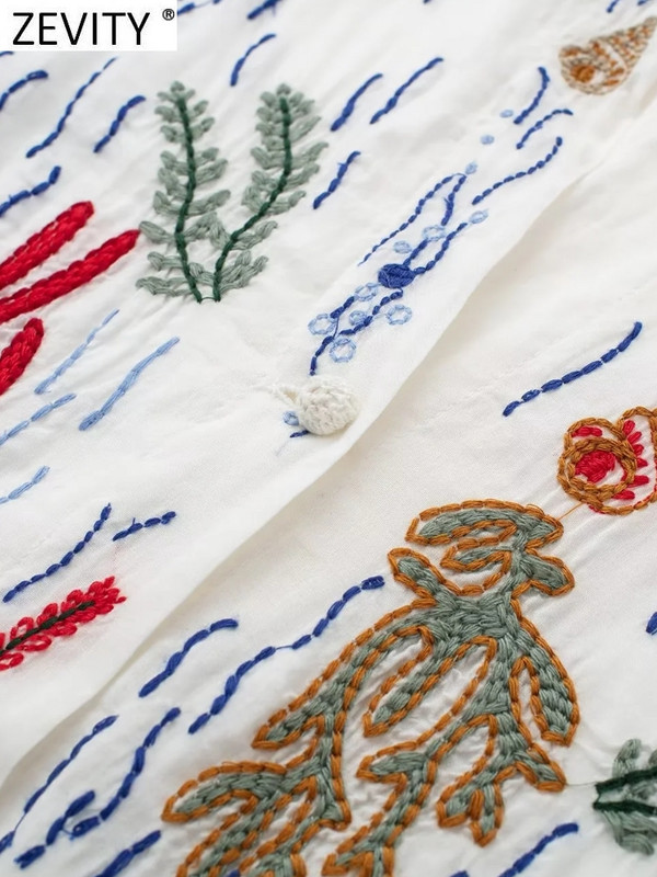 Zevity új női vintage állógallér virágos hímzéssel oldalt osztott midi ing ruha, női elegáns, egysoros Vestidos DS4090