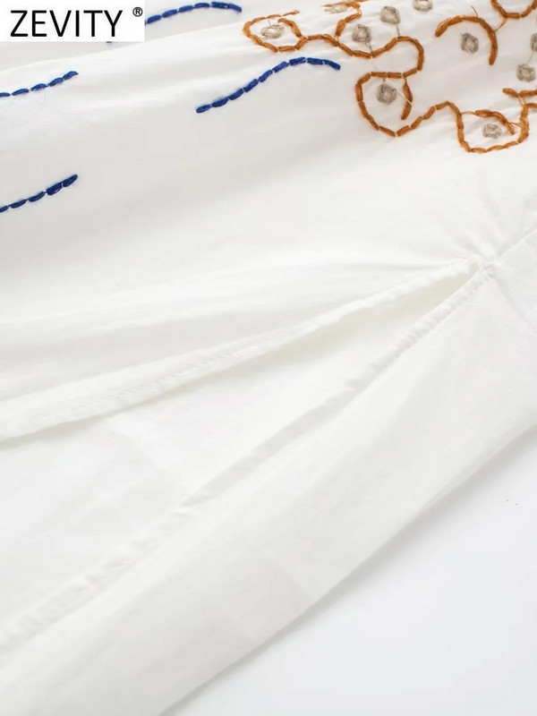 Zevity új női vintage állógallér virágos hímzéssel oldalt osztott midi ing ruha, női elegáns, egysoros Vestidos DS4090