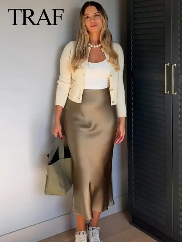 TRAFZA női szoknyák 2024 nyári tömör szatén hüvelyes hosszú szoknya női show Curve strandruhák női sellőszoknyák