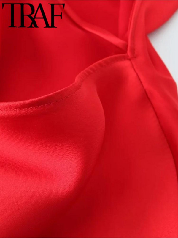 TRAF 2024 női divat, ujjatlan, hát nélküli kötőfék ruha alkalmi vékony, puha szatén midi hosszú ruhák nőknek Vestidos Mujer piros