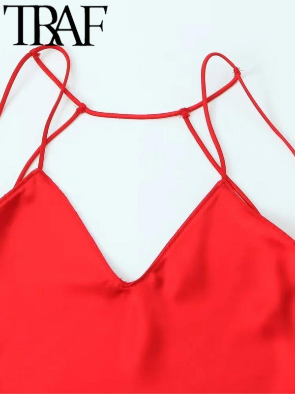TRAF 2024 női divat, ujjatlan, hát nélküli kötőfék ruha alkalmi vékony, puha szatén midi hosszú ruhák nőknek Vestidos Mujer piros