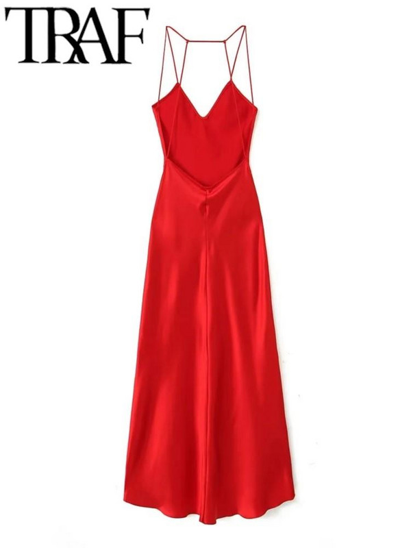 TRAF 2024 női divat, ujjatlan, hát nélküli kötőfék ruha alkalmi vékony, puha szatén midi hosszú ruhák nőknek Vestidos Mujer piros