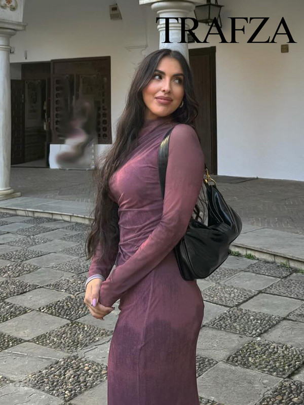 TRAFZA őszi női divatnyomat tüll Bodycon karcsú ruha, ruched elegáns, hosszú ruhák, midi ruha, hosszú ujjú parti ruhák
