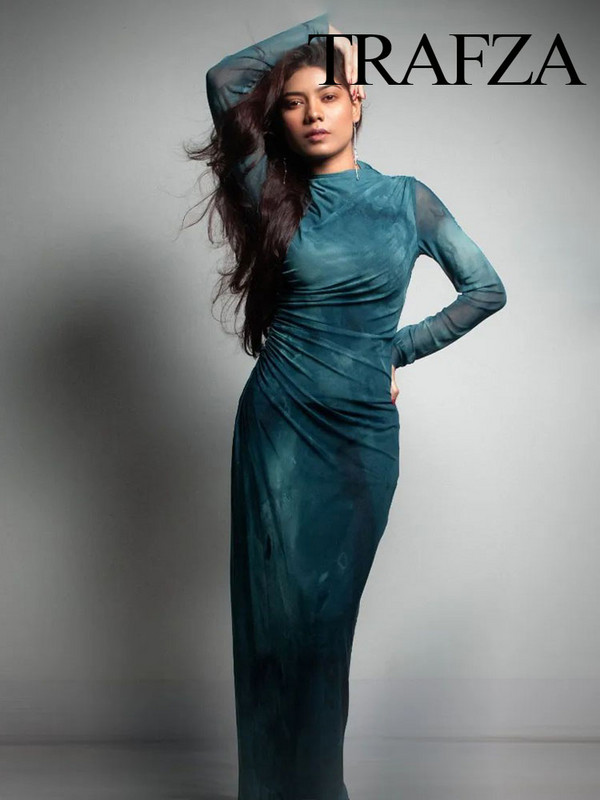 TRAFZA őszi női divatnyomat tüll Bodycon karcsú ruha, ruched elegáns, hosszú ruhák, midi ruha, hosszú ujjú parti ruhák