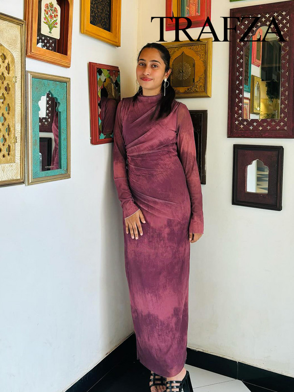TRAFZA őszi női divatnyomat tüll Bodycon karcsú ruha, ruched elegáns, hosszú ruhák, midi ruha, hosszú ujjú parti ruhák