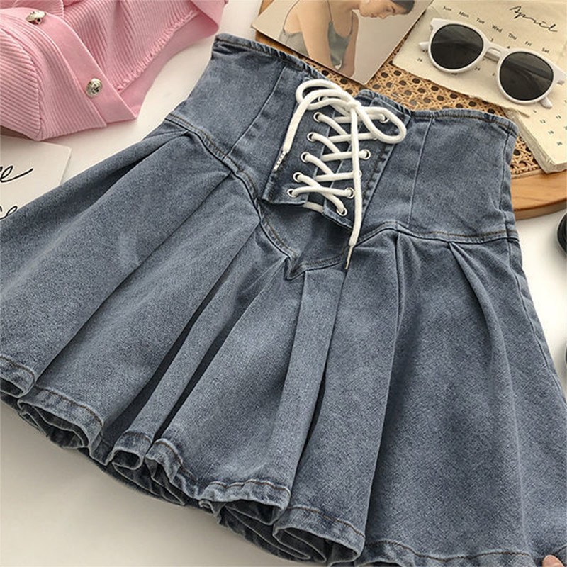 Összehajtható Fűzős Patchwork Alkalmi farmer szoknya nyári tömör rakott szoknyák tavaszi mini vékony koreai divatos Faldas ruhák nőknek