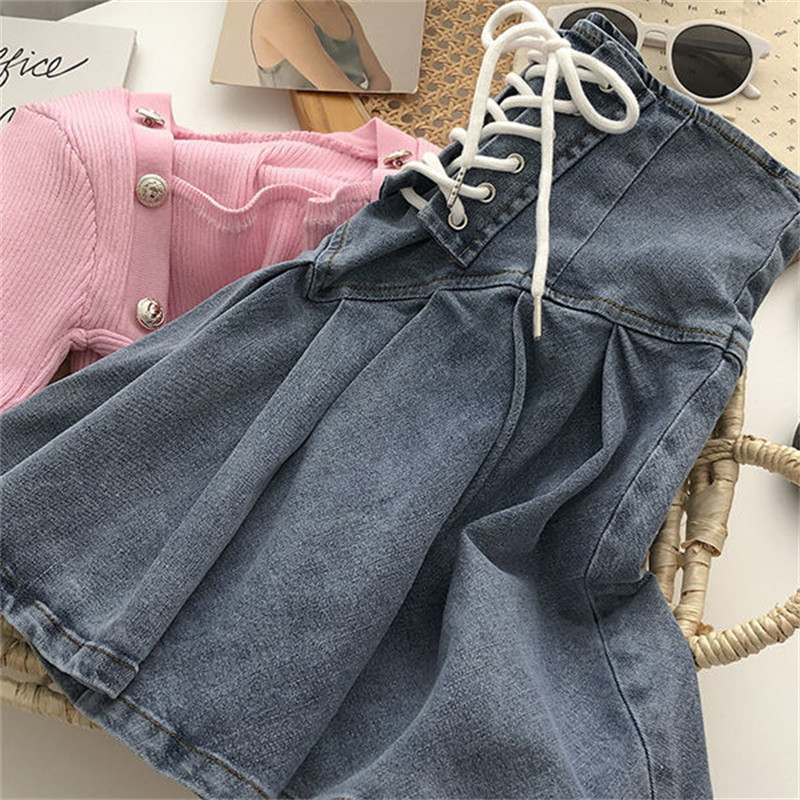 Összehajtható Fűzős Patchwork Alkalmi farmer szoknya nyári tömör rakott szoknyák tavaszi mini vékony koreai divatos Faldas ruhák nőknek