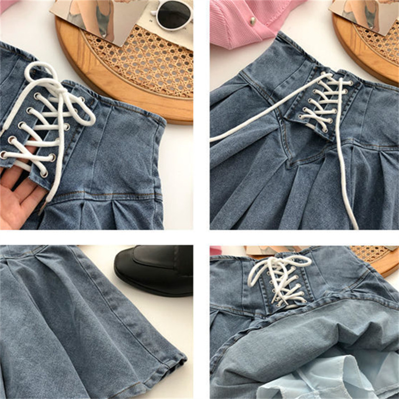 Összehajtható Fűzős Patchwork Alkalmi farmer szoknya nyári tömör rakott szoknyák tavaszi mini vékony koreai divatos Faldas ruhák nőknek