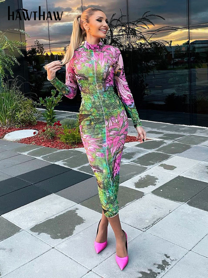 Hawthaw női 2023 nyári őszi divat, hosszú ujjú Bodycon utcai ruházat virágos nyomott midi ruhák nagykereskedelme üzleti célokra