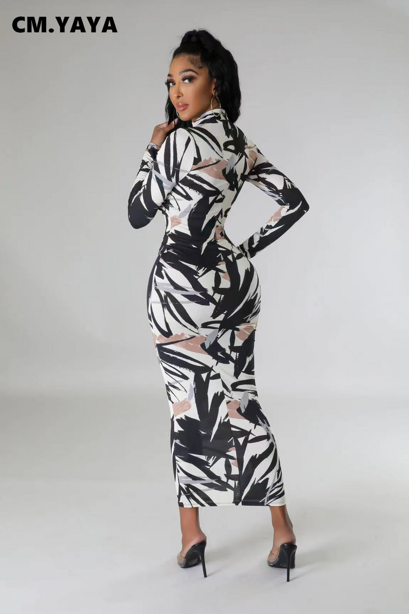 CM.YAYA Γυναικεία εμπριμέ πλεκτά με ριμπ μακρυμάνικο Bodycon Midi Maxi Φόρεμα γενεθλίων 2023 OL Βραδινά σέξι φορέματα για πάρτι Vestidos